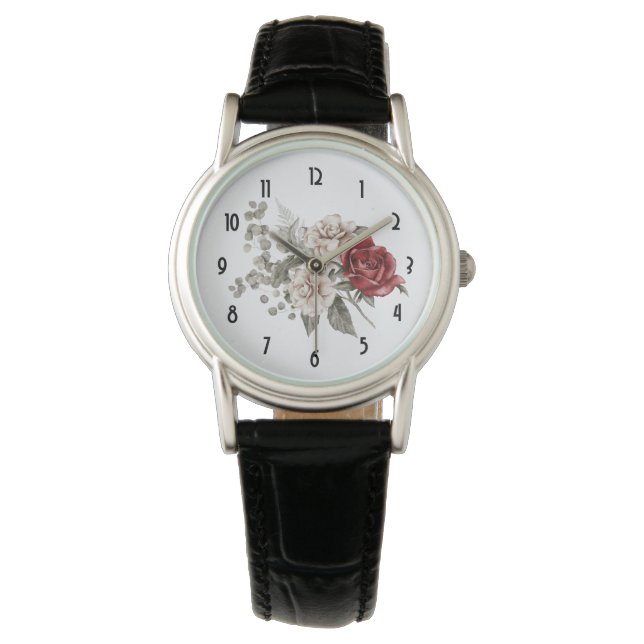 Red Gray & Cream Boho Blume Bouquet Armbanduhr (Vorderseite)