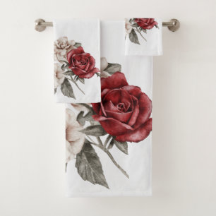 Red Gray & Cream Boho Blume Bouquet Badhandtuch Set