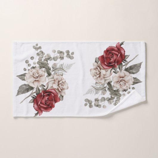 Red Gray & Cream Boho Blume Bouquet Badhandtuch Set (Handtuch)