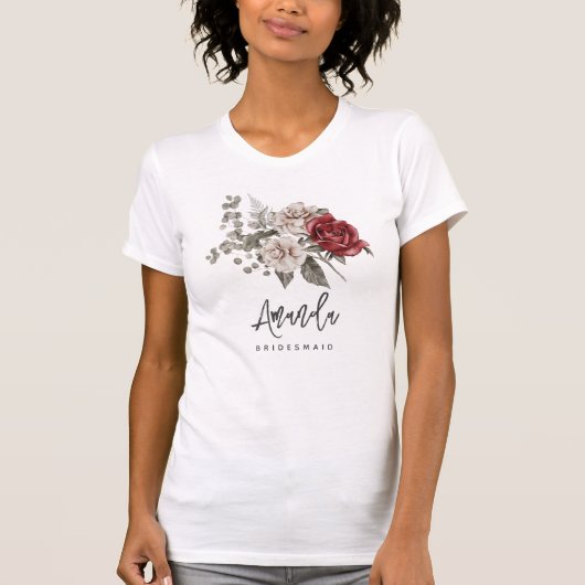 Red Gray & Cream Boho Blume Bouquet Bridesmaid T-Shirt (Vorderseite)