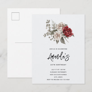Red Gray & Cream Boho Blume Bouquet Geburtstag Einladungspostkarte