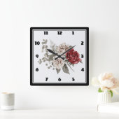 Red Gray & Cream Boho Blume Bouquet Quadratische Wanduhr (Zuhause)
