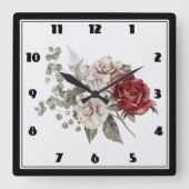 Red Gray & Cream Boho Blume Bouquet Quadratische Wanduhr (Vorderseite)