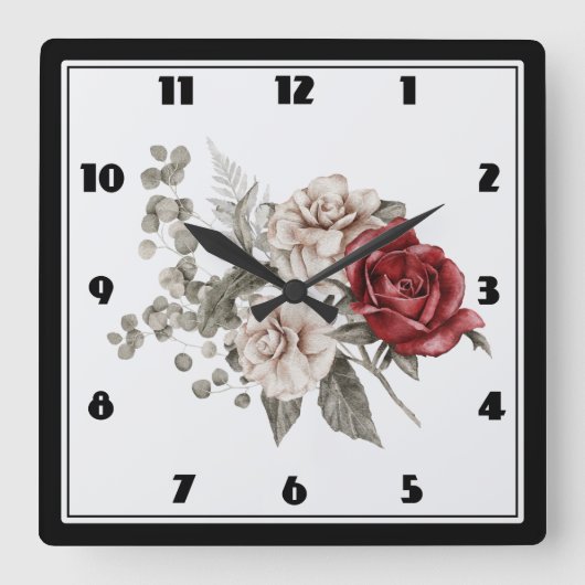 Red Gray & Cream Boho Blume Bouquet Quadratische Wanduhr (Vorderseite)