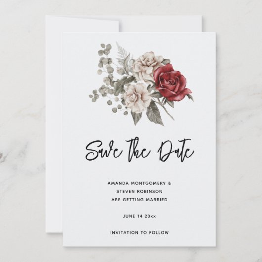 Red Gray & Cream Boho Blume Bouquet Save The Date (Vorderseite)