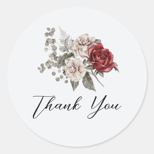 Red Gray & Cream Boho Blume Bouquet Vielen Dank Runder Aufkleber (Vorderseite)