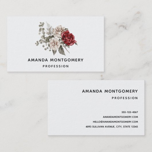 Red Gray & Cream Boho Blume Bouquet Visitenkarte (Vorne/Hinten)