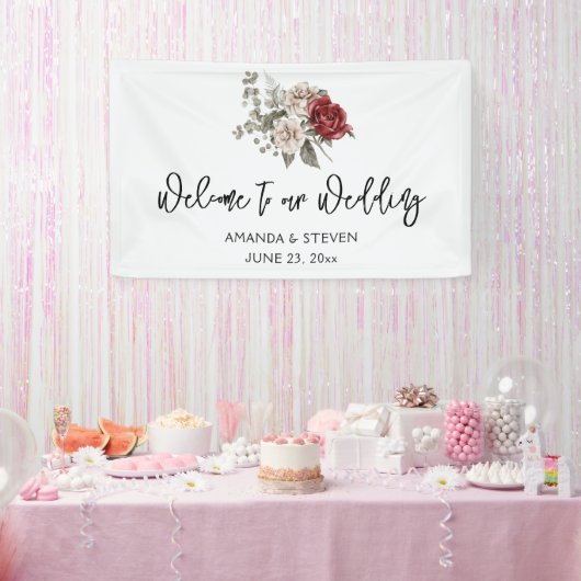 Red Gray & Cream Boho Blume Bouquet Wedding Banner (Party)
