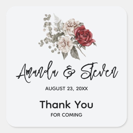 Red Gray & Cream Boho Blume Bouquet Wedding Quadratischer Aufkleber (Vorderseite)