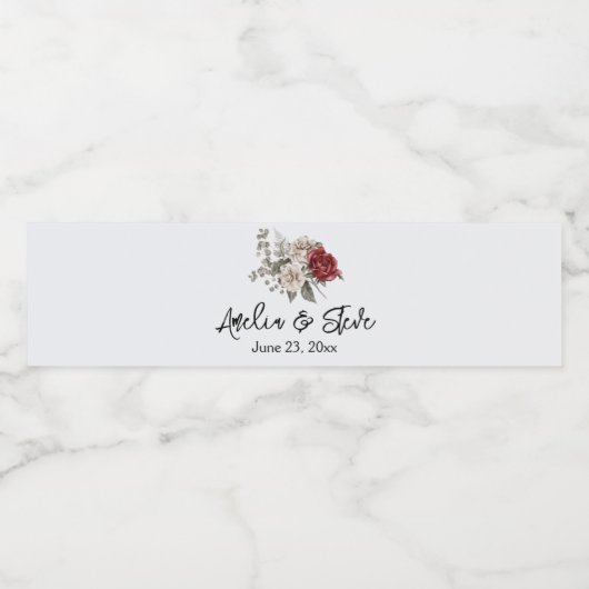 Red Gray & Cream Boho Blume Bouquet Wedding Wasserflaschenetikett (Einzelnes Label)