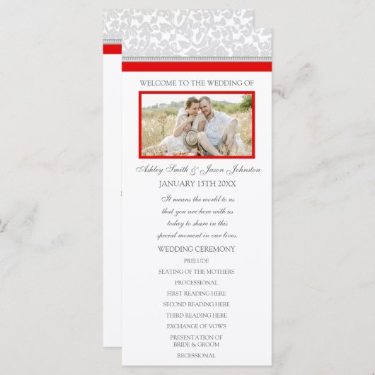 Red Gray Damask Foto Hochzeitsprogramm Programm (Vorne/Hinten)