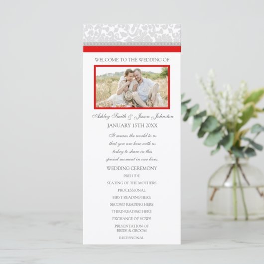 Red Gray Damask Foto Hochzeitsprogramm Programm (Stehend Vorderseite)
