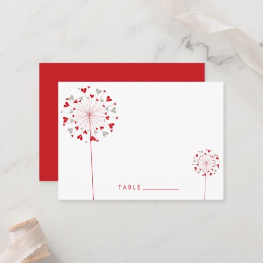 Red & Gray Dandelion Blume Liebe Hearts Wedding Platzkarte (Vorderseite/Rückseite Beispiel)