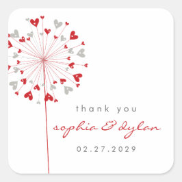 Red & Gray Dandelion Blume Liebe Hearts Wedding Quadratischer Aufkleber