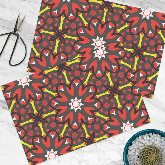 Red Gray floral Folk Art Ethnic Geometric Muster Seidenpapier