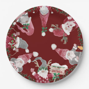 Red Gray Gnomes Christmas Watercolor Leaf Foliage Pappteller