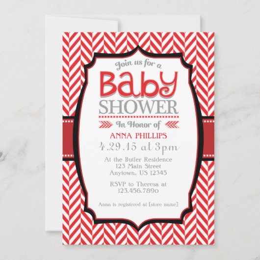 Red Gray Herringbone Baby Shower Einladungen (Vorderseite)