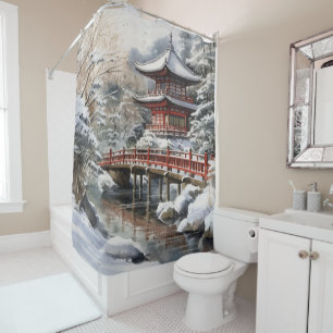 Red Gray Japanisch Pagoda Soribashi Winter Duschvorhang