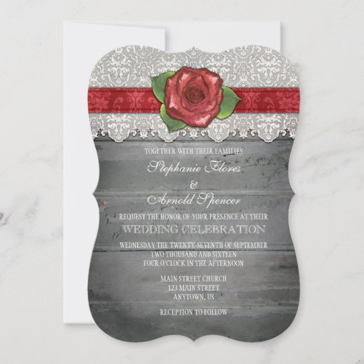 Red Gray Rustic Wood Rose Hochzeit Einladung (Vorderseite)