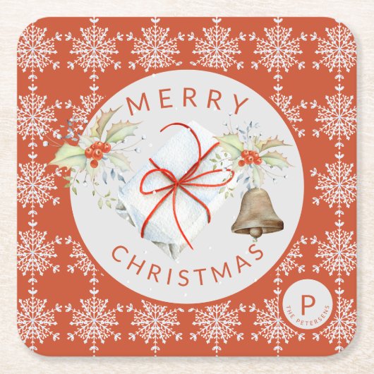 Red Gray Snowflake Weihnachts Secret Santa Monogra Rechteckiger Pappuntersetzer (Vorderseite)