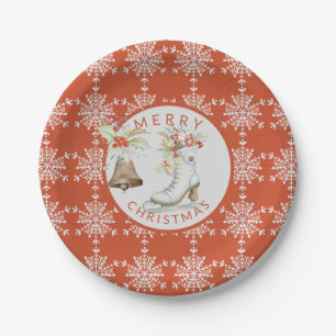 Red Gray Snowflakes Weihnachten Ice Skate Party Pappteller
