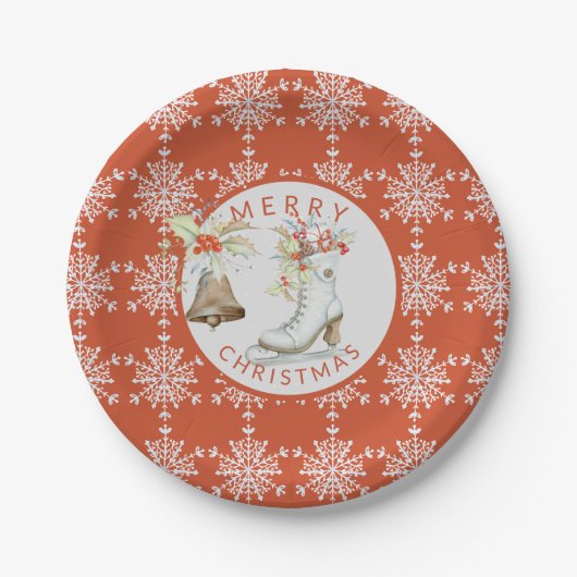 Red Gray Snowflakes Weihnachten Ice Skate Party Pappteller (Vorderseite)