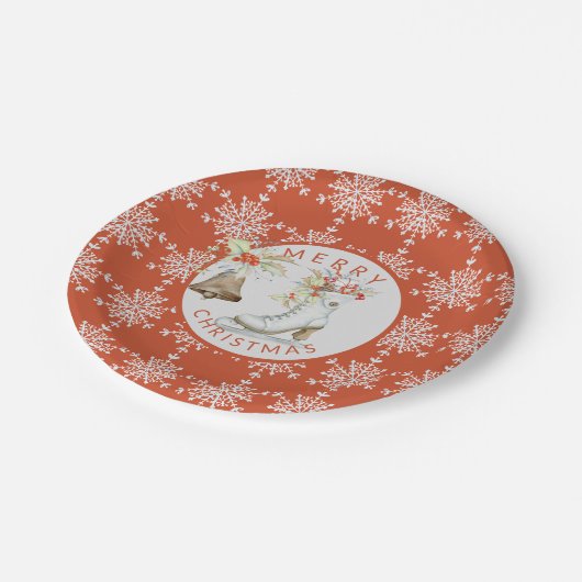 Red Gray Snowflakes Weihnachten Ice Skate Party Pappteller (Schrägansicht)