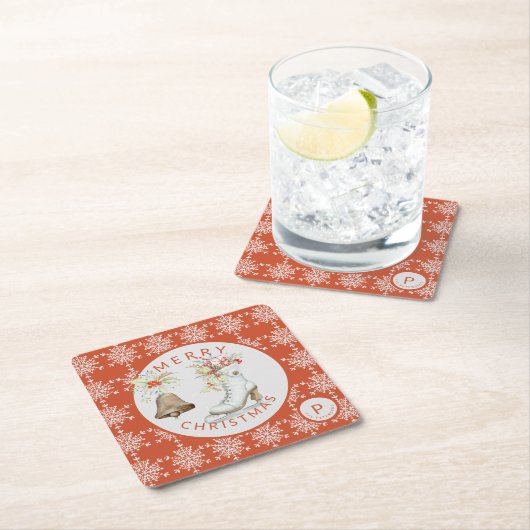 Red Gray Snowflakes Weihnachtseis Skate Monogram Rechteckiger Pappuntersetzer (Vor Ort)