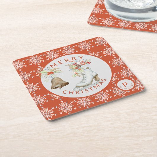 Red Gray Snowflakes Weihnachtseis Skate Monogram Rechteckiger Pappuntersetzer (angewinkelt)