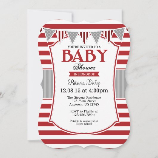 Red Gray Stripes Babydusche Einladung (Vorderseite)