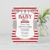 Red Gray Stripes Babydusche Einladung (Stehend Vorderseite)