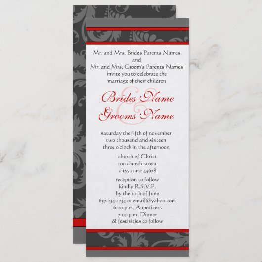 Red Gray White 9x4 Damask Swirl Wedding Einladung (Vorne/Hinten)
