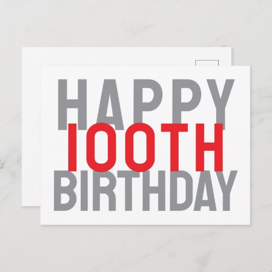 Red Gray White Modern Bold Bold Frohes 100. Geburt Postkarte (Vorne/Hinten)
