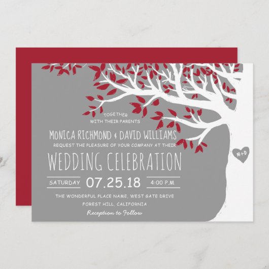 Red Gray White Tree Rustic Vintage Wedding Einladung (Vorne/Hinten)