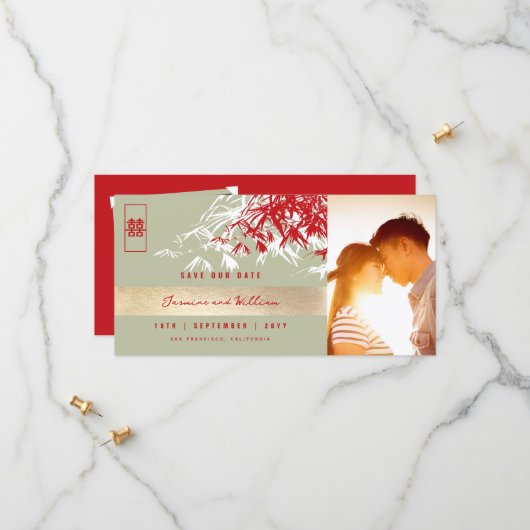 Red Gray Zen Bamboo Verlasse Foto Chinesisch Hochz Save The Date (Vorderseite/Rückseite Beispiel)