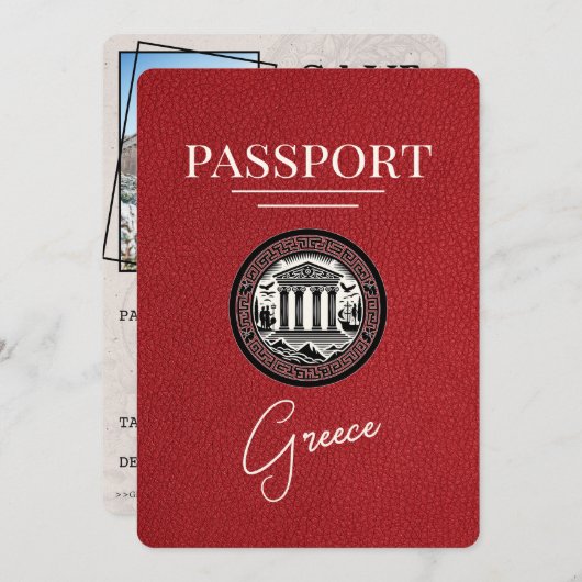 Red Greece Passport Save the Date Card (Vorne/Hinten)