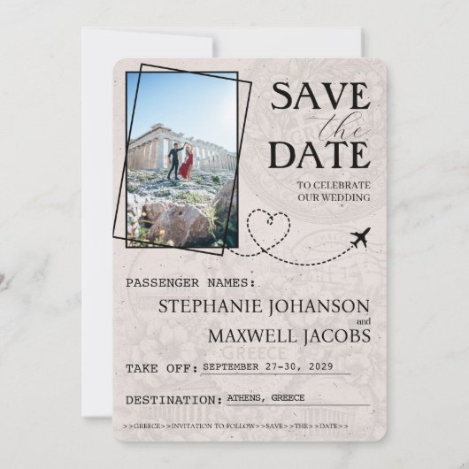 Red Greece Passport Save the Date Card (Rückseite)