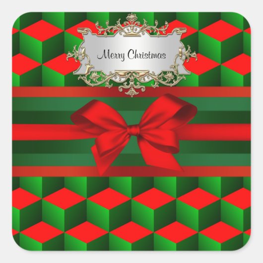 Red & Green 3D Look Cubes Ribbon Weihnachten Quadratischer Aufkleber (Vorderseite)