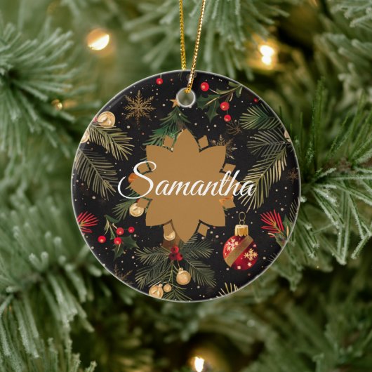 Red, green and gold personalized keramik ornament (Baum)