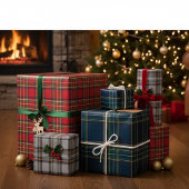 Red, Green, and Grey Tartan Wrapping Paper Flat  Geschenkpapier Set