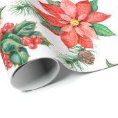Red Green Berries Poinsettia Floral Weihnachten Geschenkpapier (Rolleneckpunkt)
