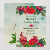 Red Green Blume Bird Retro Vintag Einladung (Vorne/Hinten)