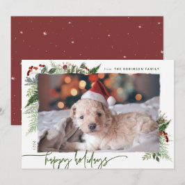 Red & Green Boho Greenery Modernes Script-Foto Feiertagskarte