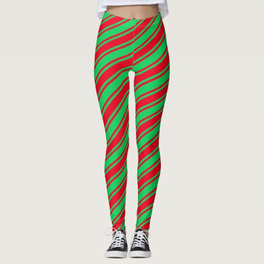 Red Green Candy Cane Diagonal Strip Weihnachten Leggings (Vorderseite)
