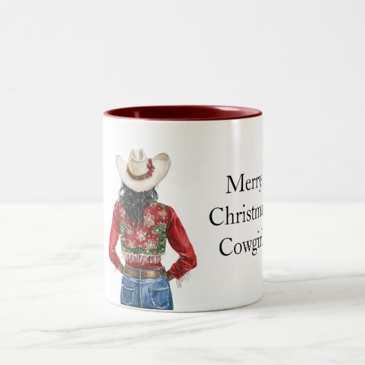 Red Green Christmas Cowgirl Black Hair Zweifarbige Tasse (Mittel)