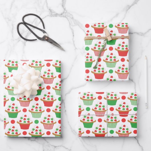 Red Green Christmas Cupcakes Pattern Geschenkpapier Set (Vorderseite)