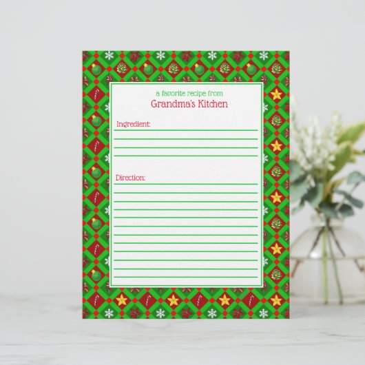 Red Green Christmas Pattern Rezept Papier (Stehend Vorderseite)