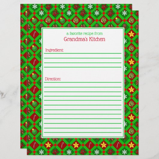 Red Green Christmas Pattern Rezept Papier (Vorne/Hinten)