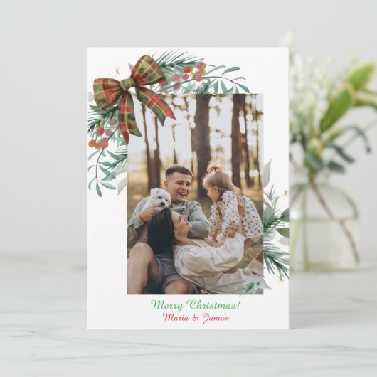 Red Green Christmas Plaid  Photo Holiday Card Einladung (Stehend Vorderseite)