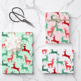 Red Green Christmas Rentier Silhouette Pattern Geschenkpapier Set